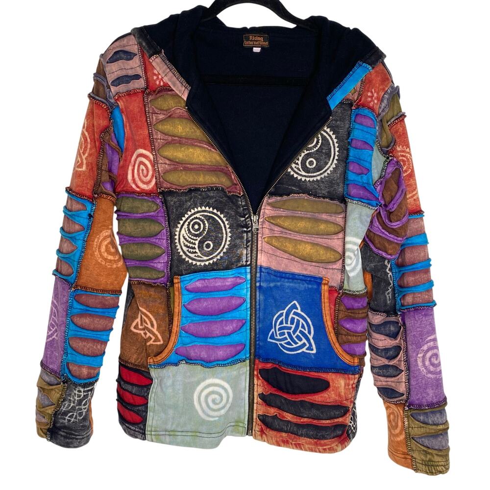 Rising International Patchwork Fleece Grunge Indie Granola Hoodie Size Large